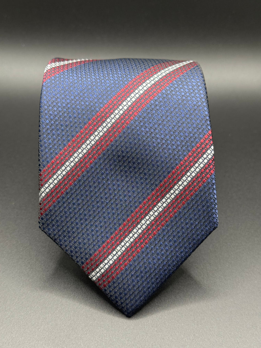 Navy, Burgundy, and Silver Stiped Necktie