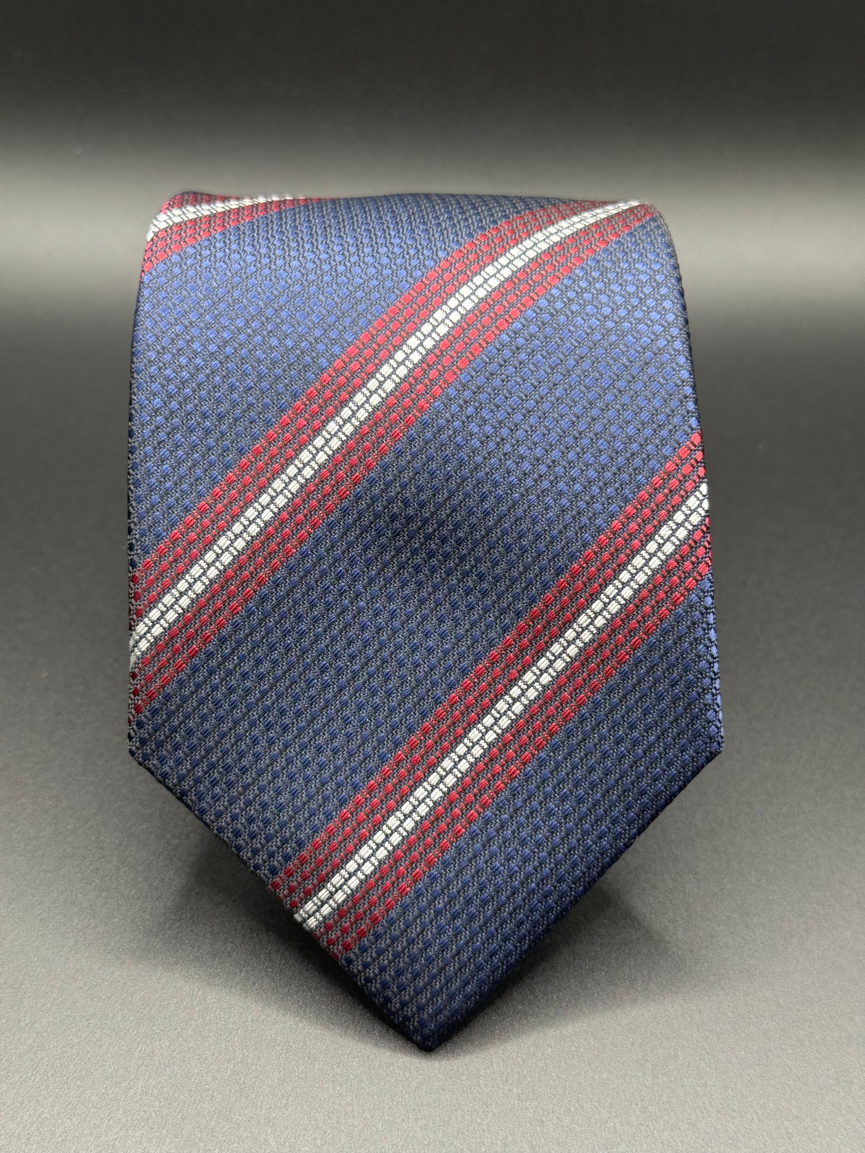 Navy, Burgundy, and Silver Stiped Necktie