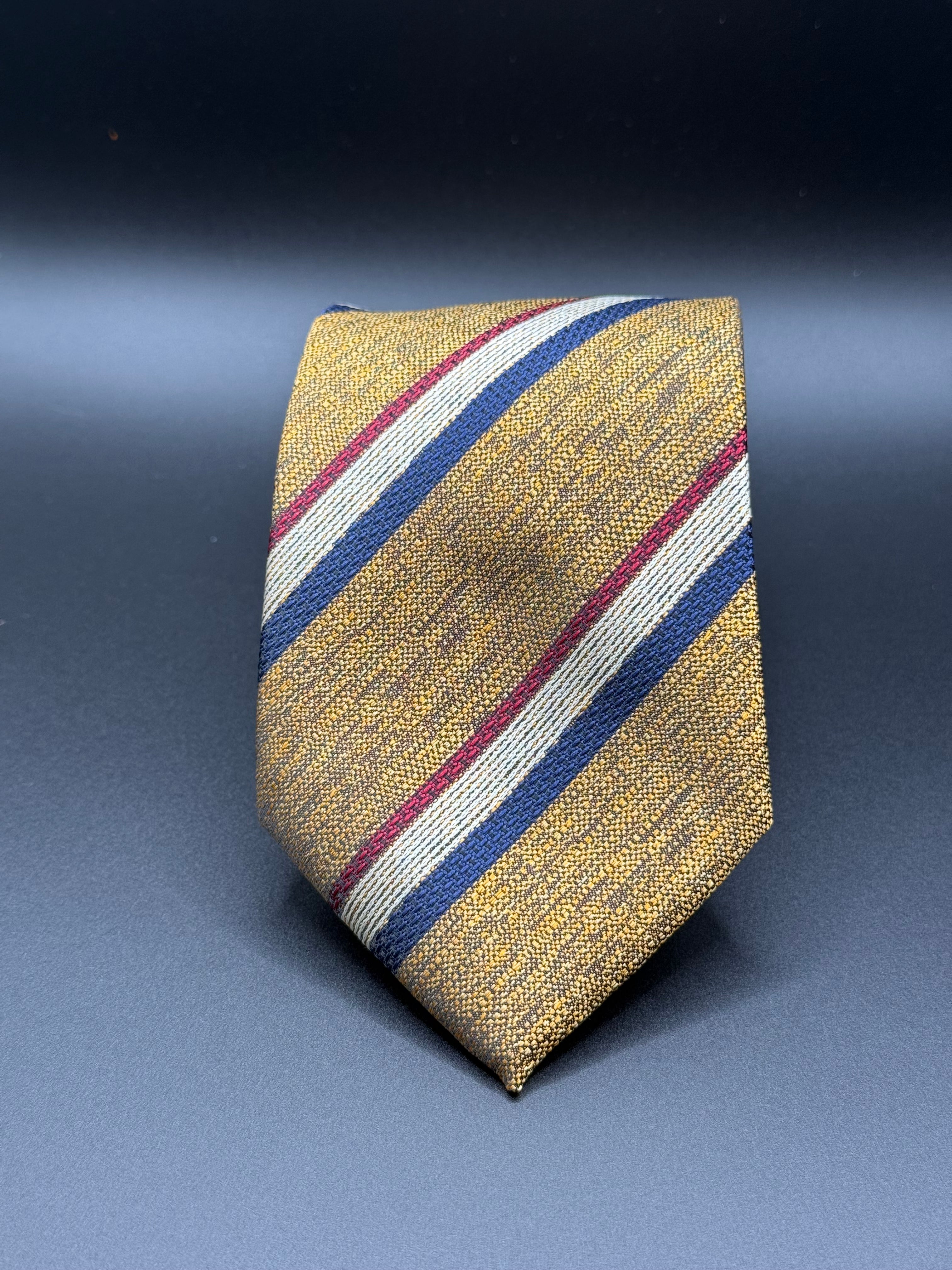 White, Blue, Red, and Golden Yellow Striped Necktie