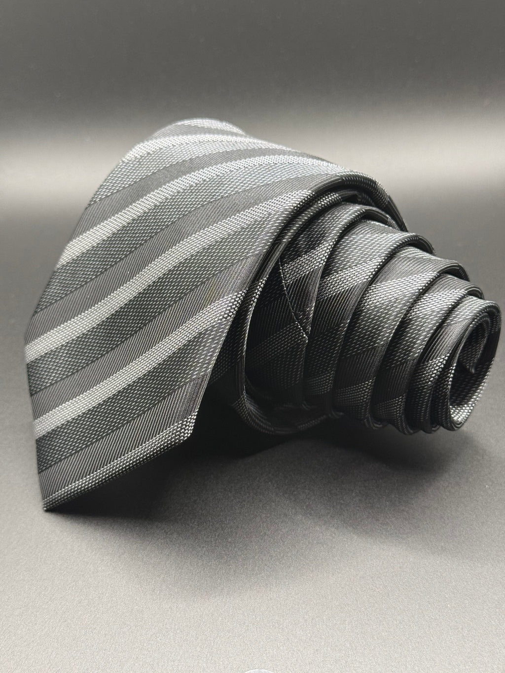 Charcoal, Grey and Silver Striped Necktie