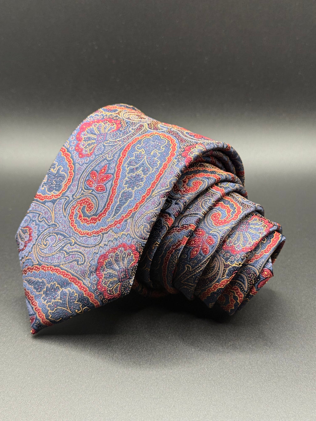 Coral Red, Cream, and Navy  Paisley on Slate Blue Necktie