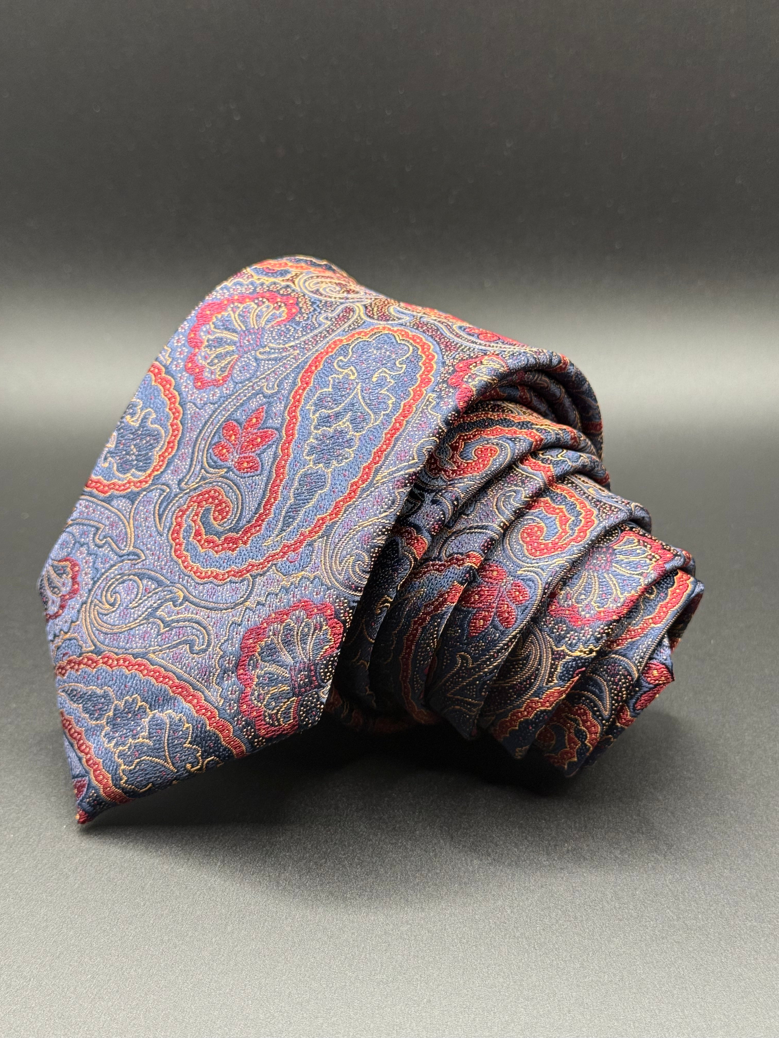 Coral Red, Cream, and Navy  Paisley on Slate Blue Necktie