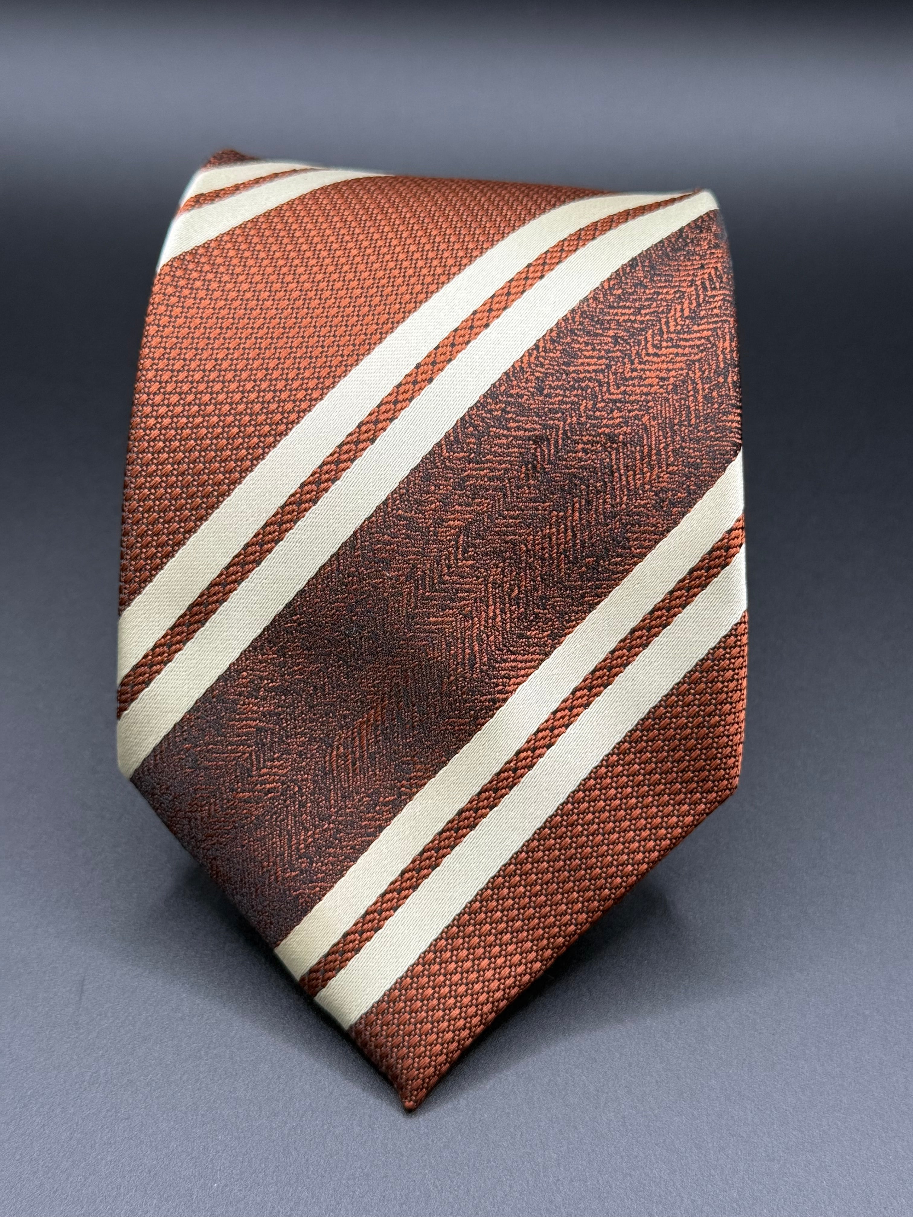 White and Brown Stripes on Brown Necktie