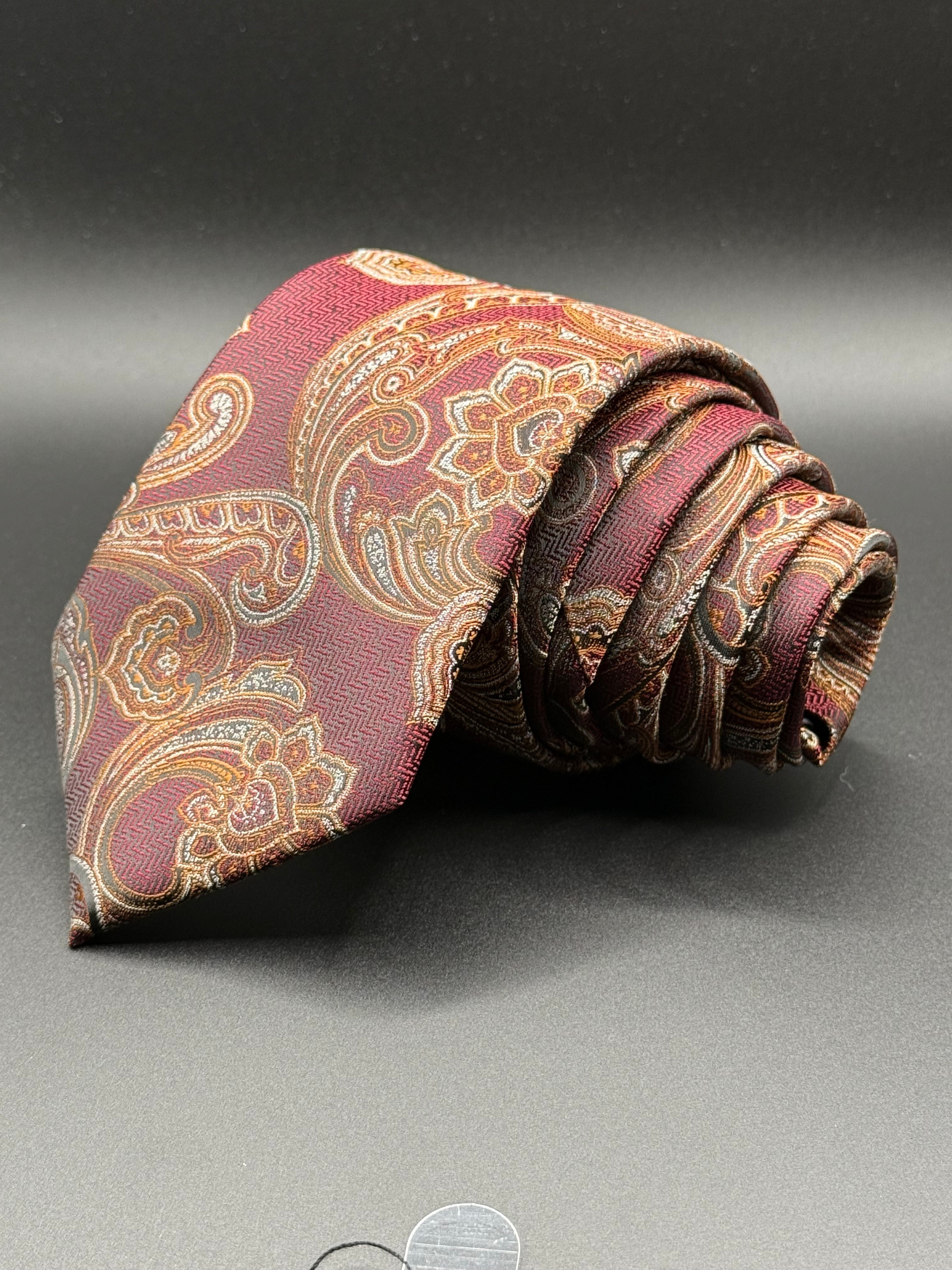 Gold, Cream, and Amber Vintage Paisley on Burgundy Necktie