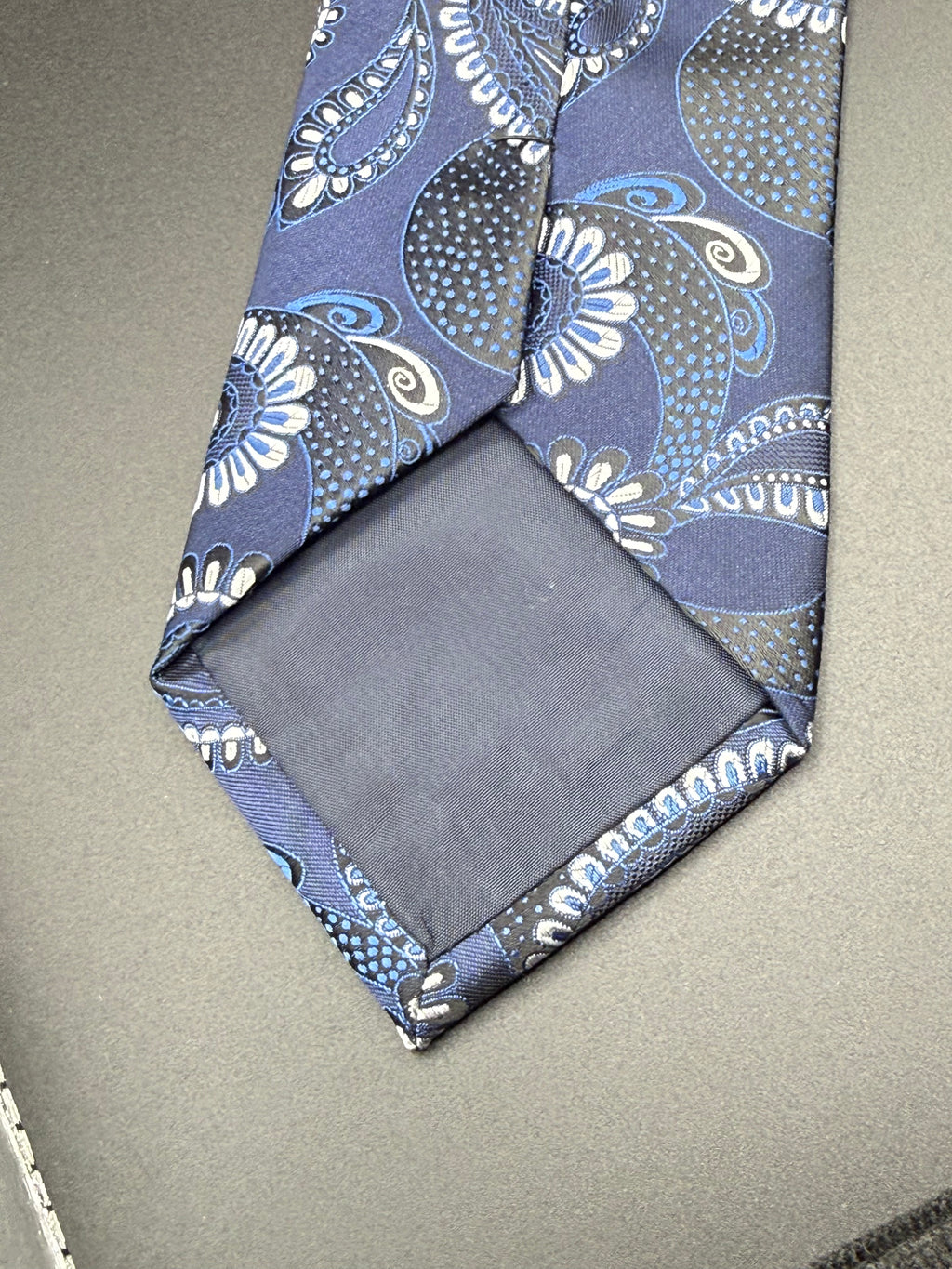 Steel Gray and Slate Blue Paisley on Navy Blue Necktie