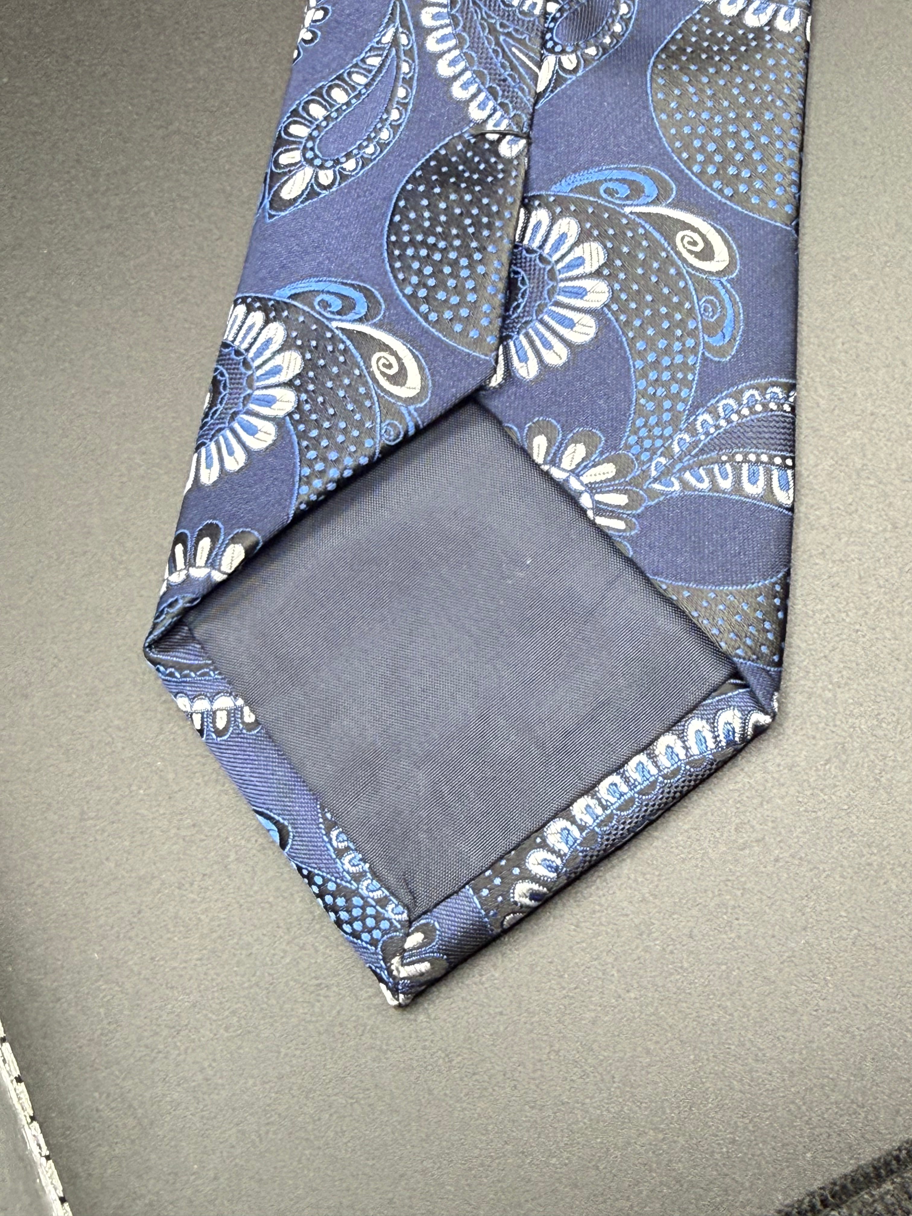 Steel Gray and Slate Blue Paisley on Navy Blue Necktie