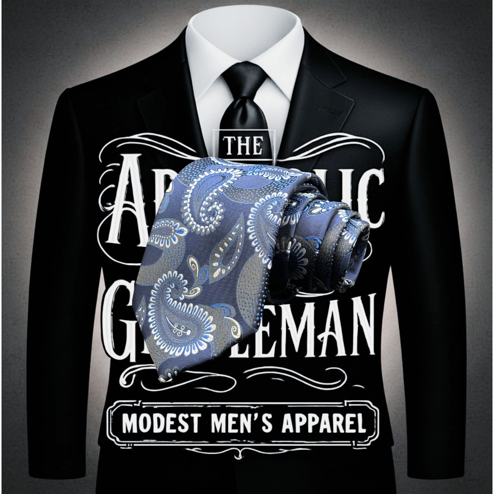 Steel Gray and Slate Blue Paisley on Navy Blue Necktie