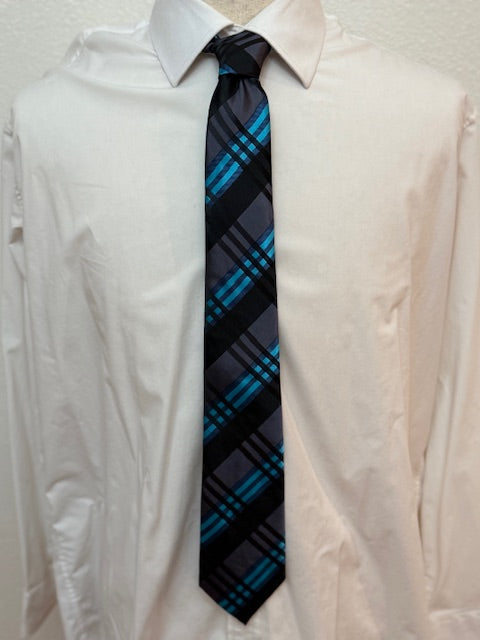 Black, Grey, and Aqua Blue Striped Necktie