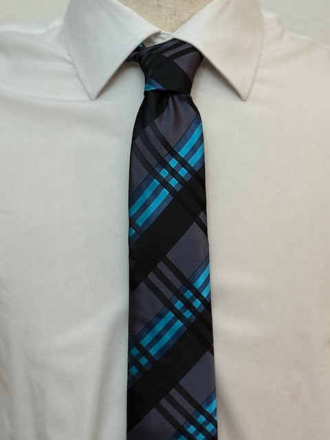 Black, Grey, and Aqua Blue Striped Necktie