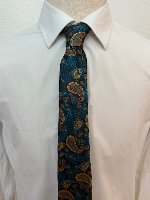 Gold, Teal, and Turquoise Paisley on Charcoal Grey Necktie