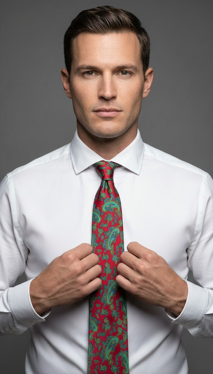Lime Green, Yellow, and Turquoise Vintage Paisley on Red Necktie