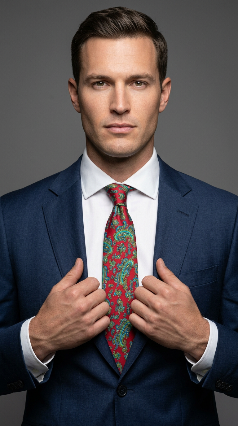 Lime Green, Yellow, and Turquoise Vintage Paisley on Red Necktie