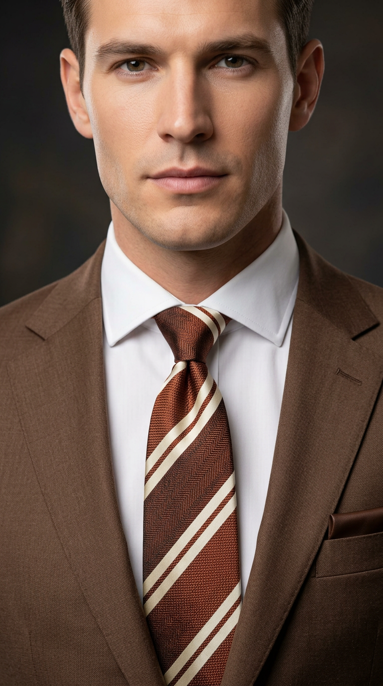 White and Brown Stripes on Brown Necktie