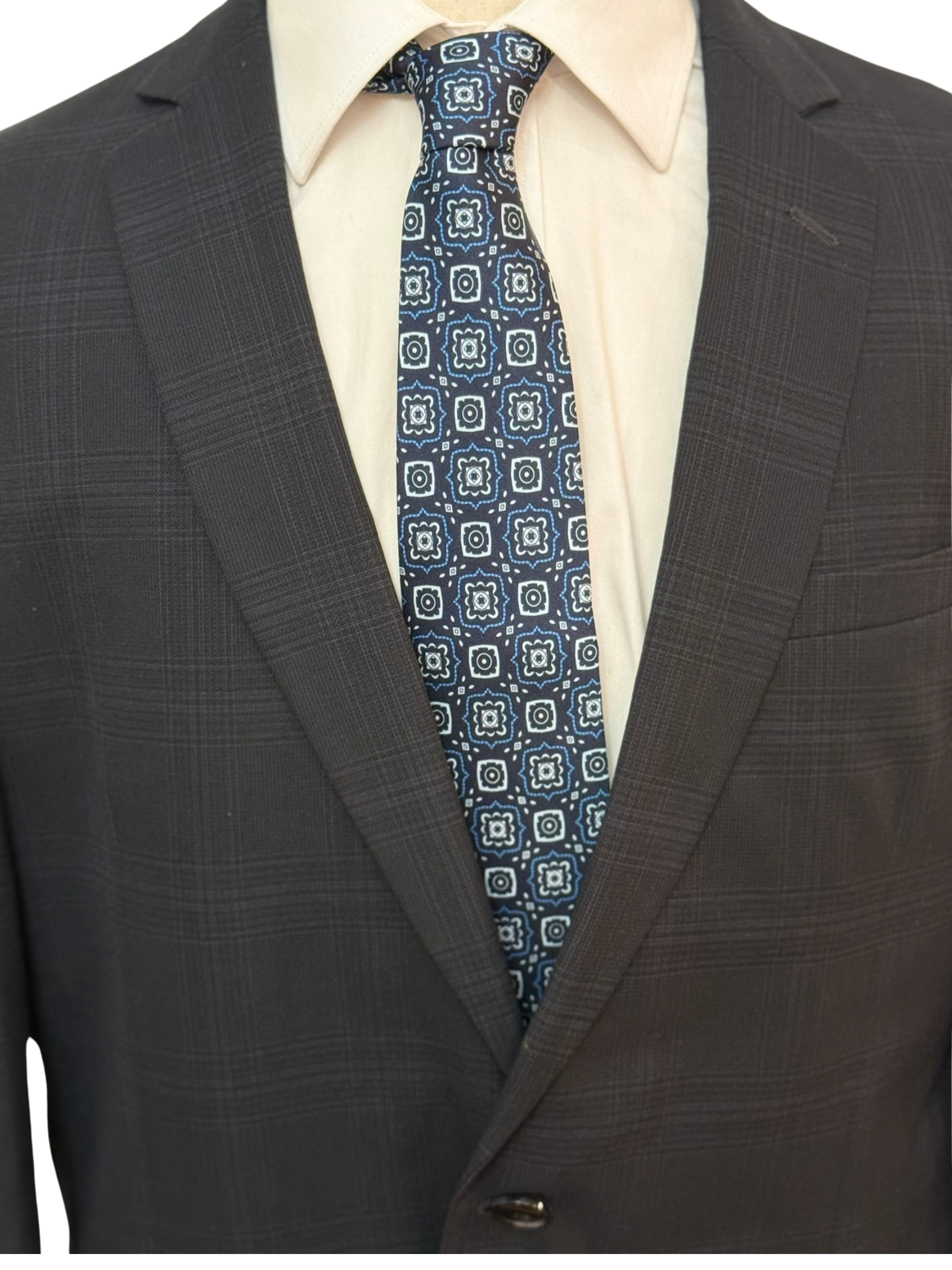 Royal Blue, Grey on Navy Geometric Necktie