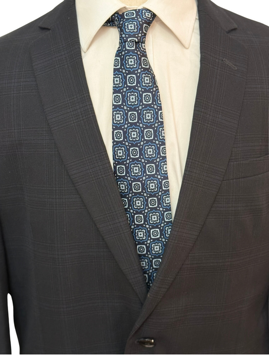 Royal Blue, Grey on Navy Geometric Necktie