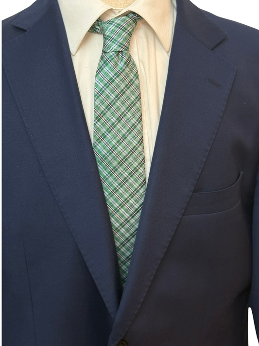 White, Black, Blue Multi Striped on Green Plaid Necktie