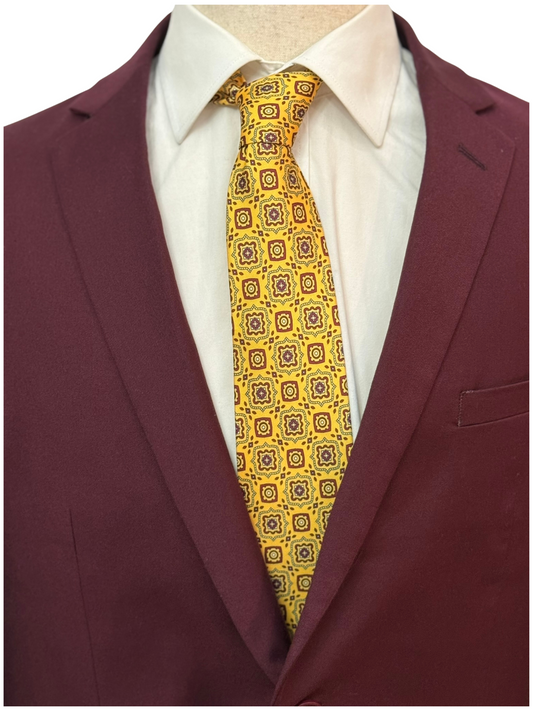 Burgundy, Grey on Yellow Geometric Necktie