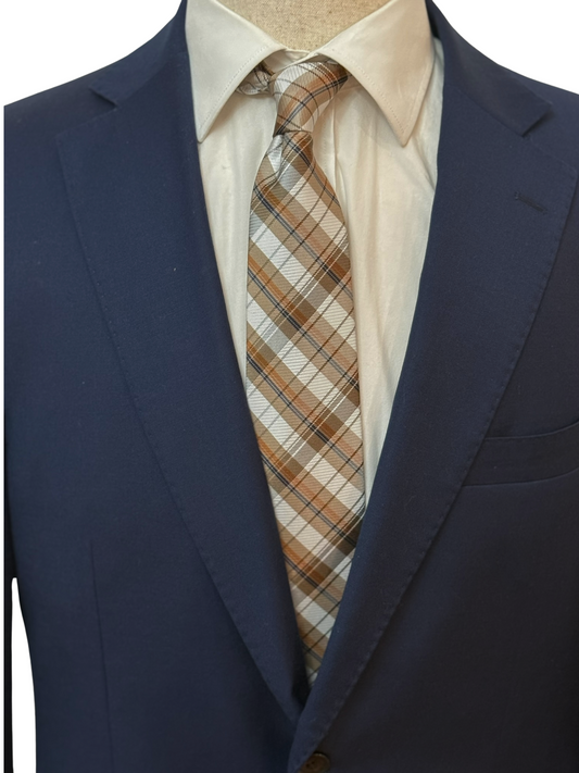 Red, Blue, and White Stripes On Tan Plaid Necktie