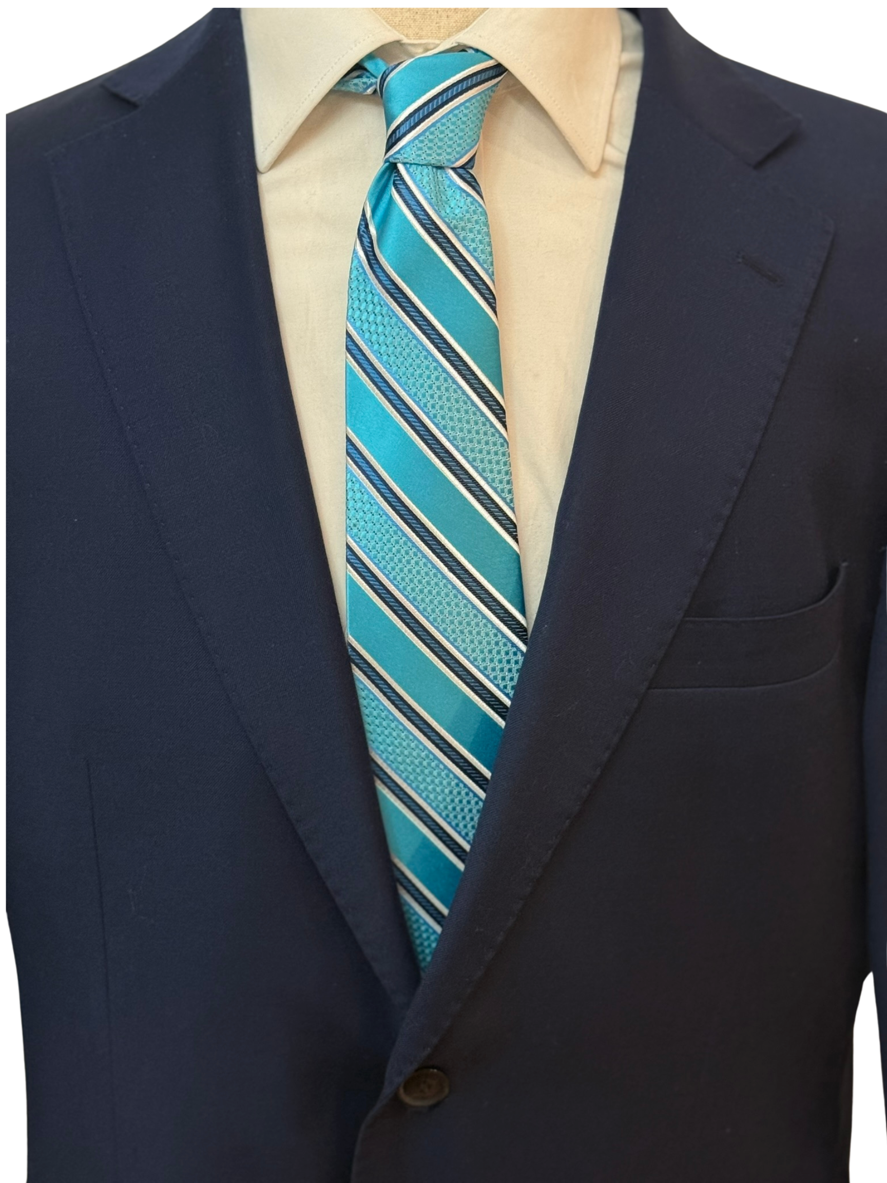 Aqua Blue, White, and Navy Striped Necktie