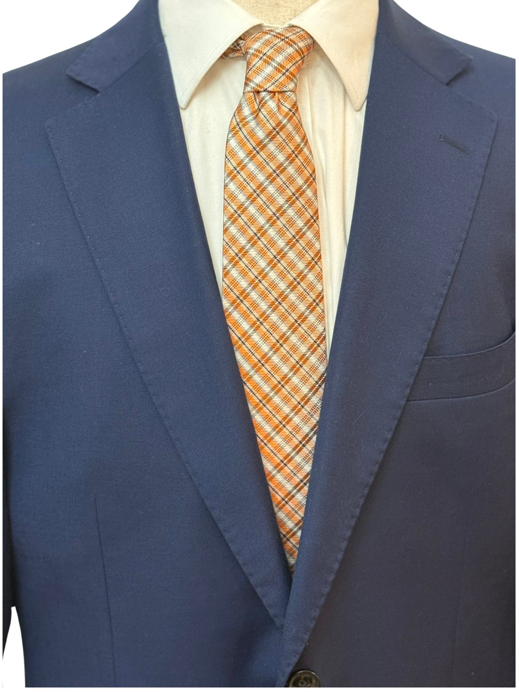 White, Powder Blue, and Navy on Orange Plaid Necktie