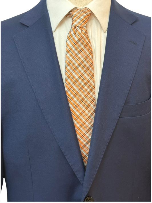 White, Powder Blue, and Navy on Orange Plaid Necktie