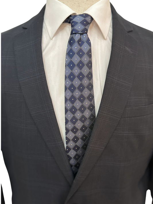 Steel Blue and Navy Design Cross Check Geometric Necktie