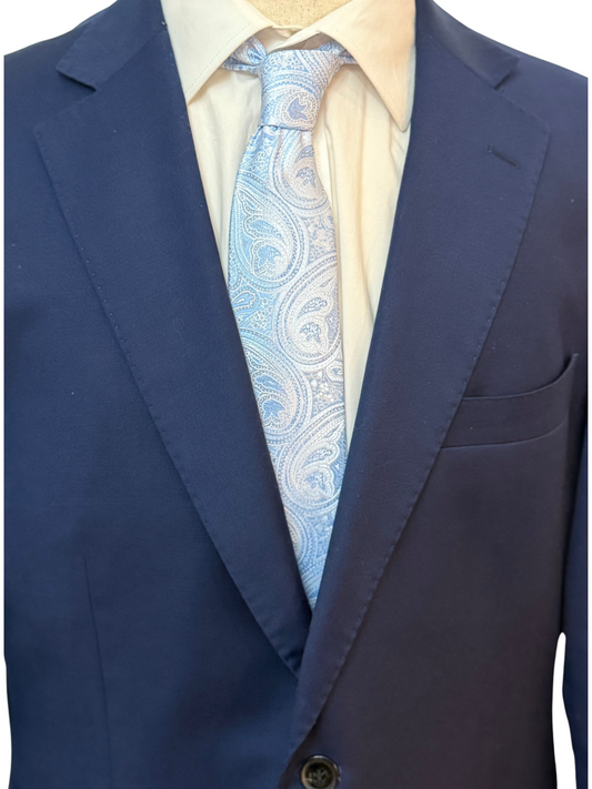 White and Sky Blue on Grey Paisley Necktie