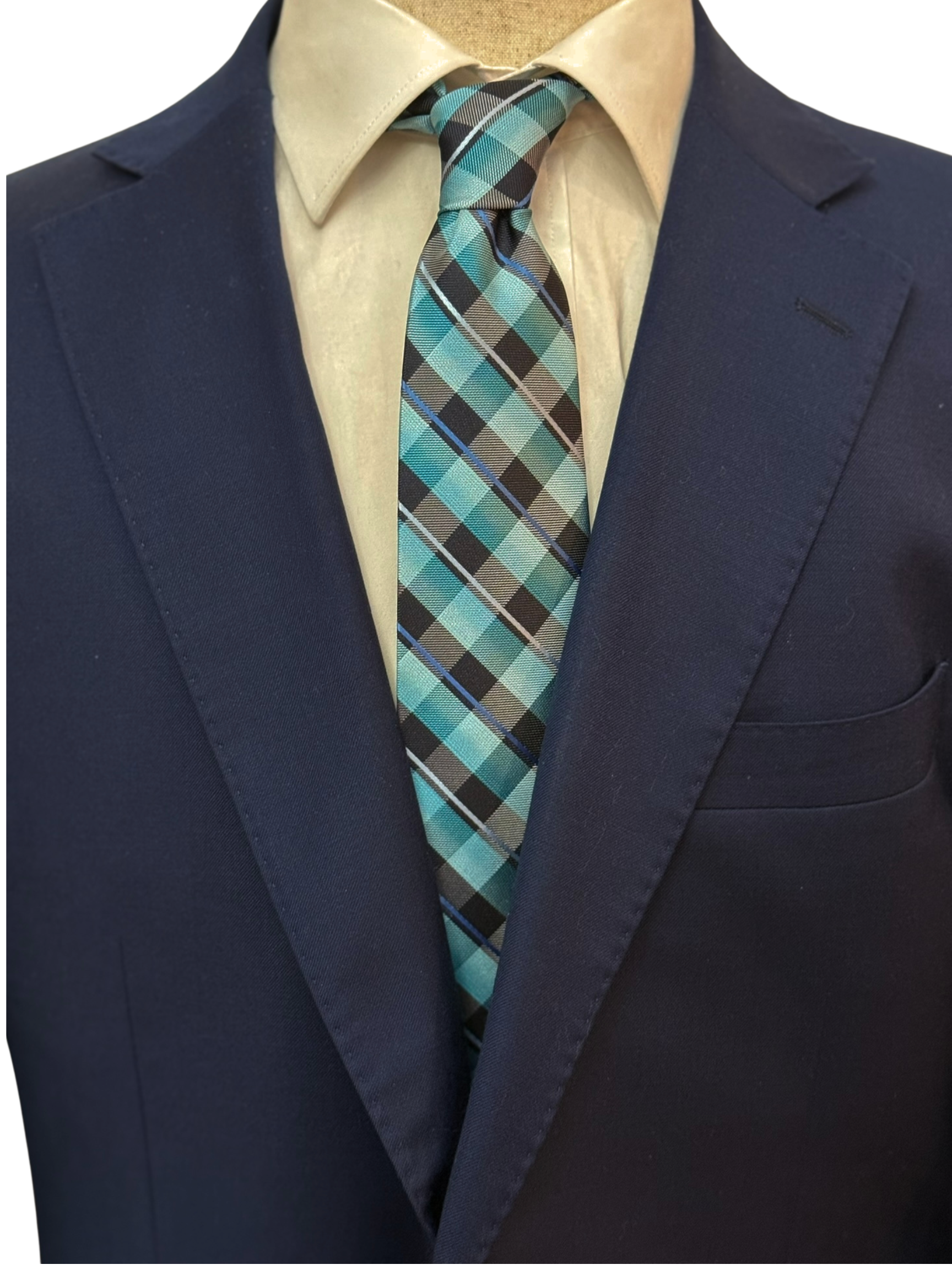 Multi Aqua Blue, Green, Black and Silver Plaid Necktie