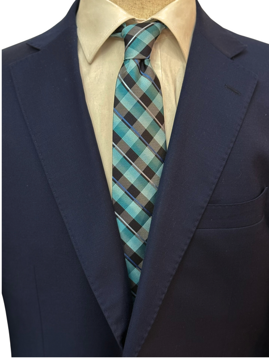Multi Aqua Blue, Green, Black and Silver Plaid Necktie