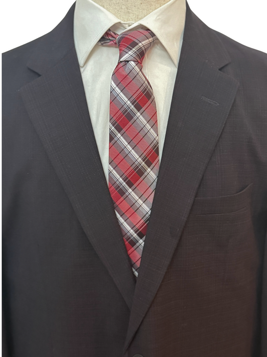 White, Gray, and Black Stripes on Red Plaid Necktie
