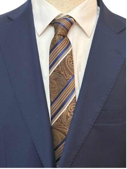 Brown, bronze Paisley & Blue-Cream Chevron Striped Necktie