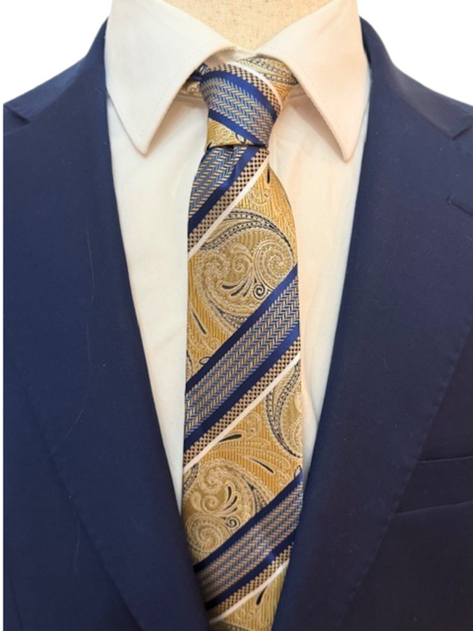 Blue, Silver, Cream Paisley & Blue-Cream Chevron Striped Necktie