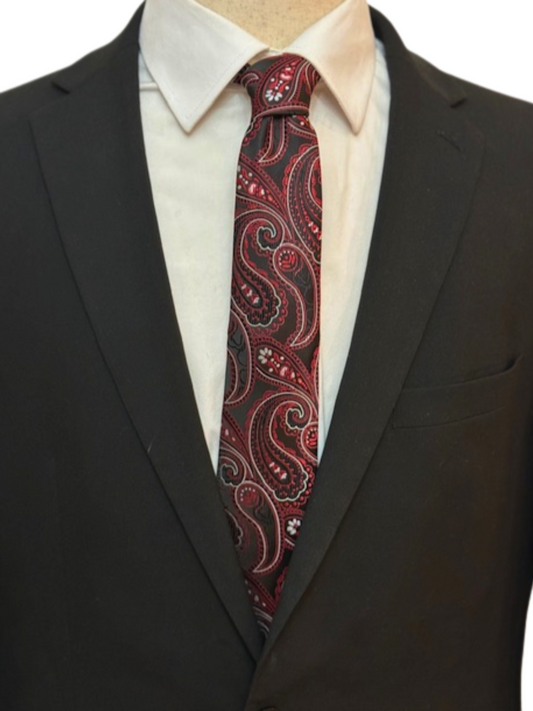 Black and Red Paisley with Silver and White Necktie