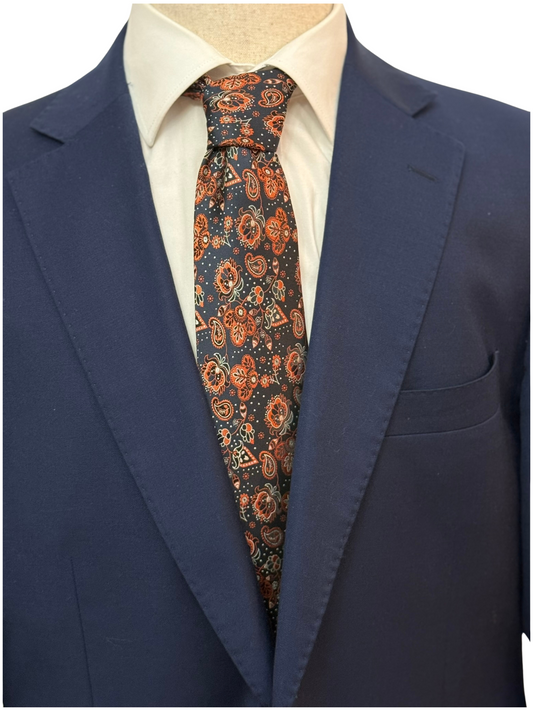 Burnt Orange and Black on Navy Paisley Necktie