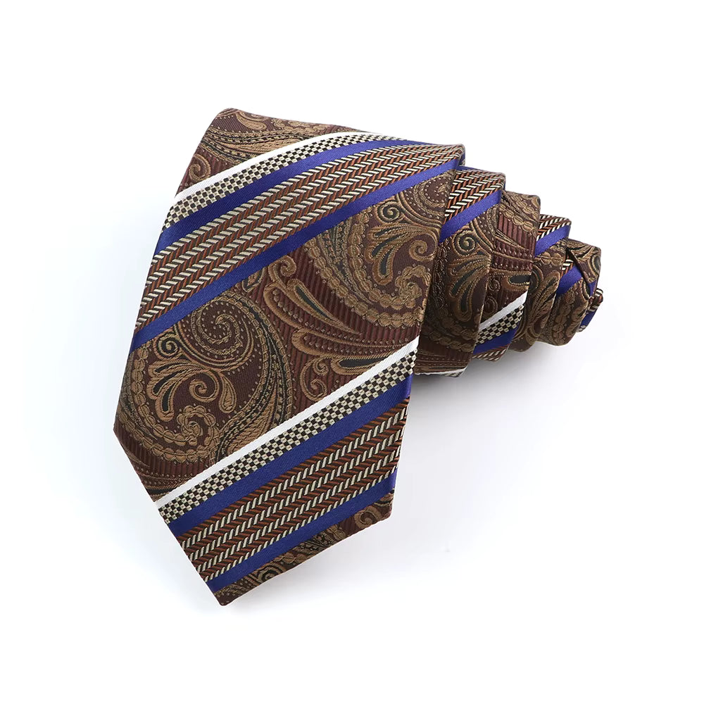Brown, bronze Paisley & Blue-Cream Chevron Striped Necktie