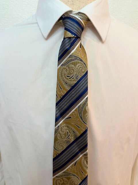Blue, Silver, Cream Paisley & Blue-Cream Chevron Striped Necktie
