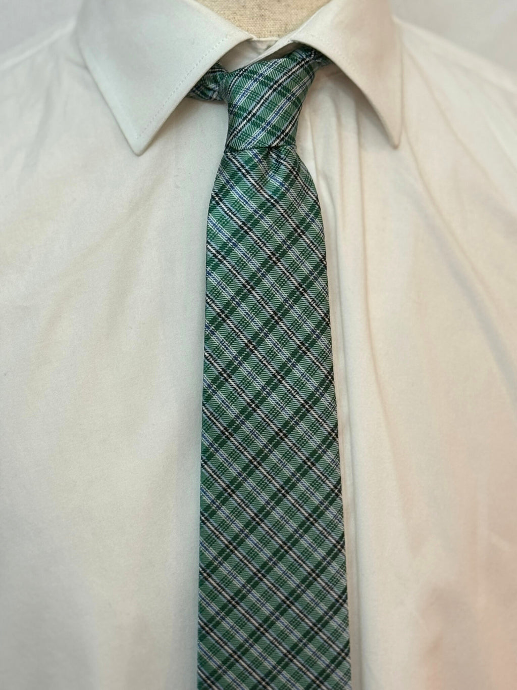 White, Black, Blue Multi Striped on Green Plaid Necktie