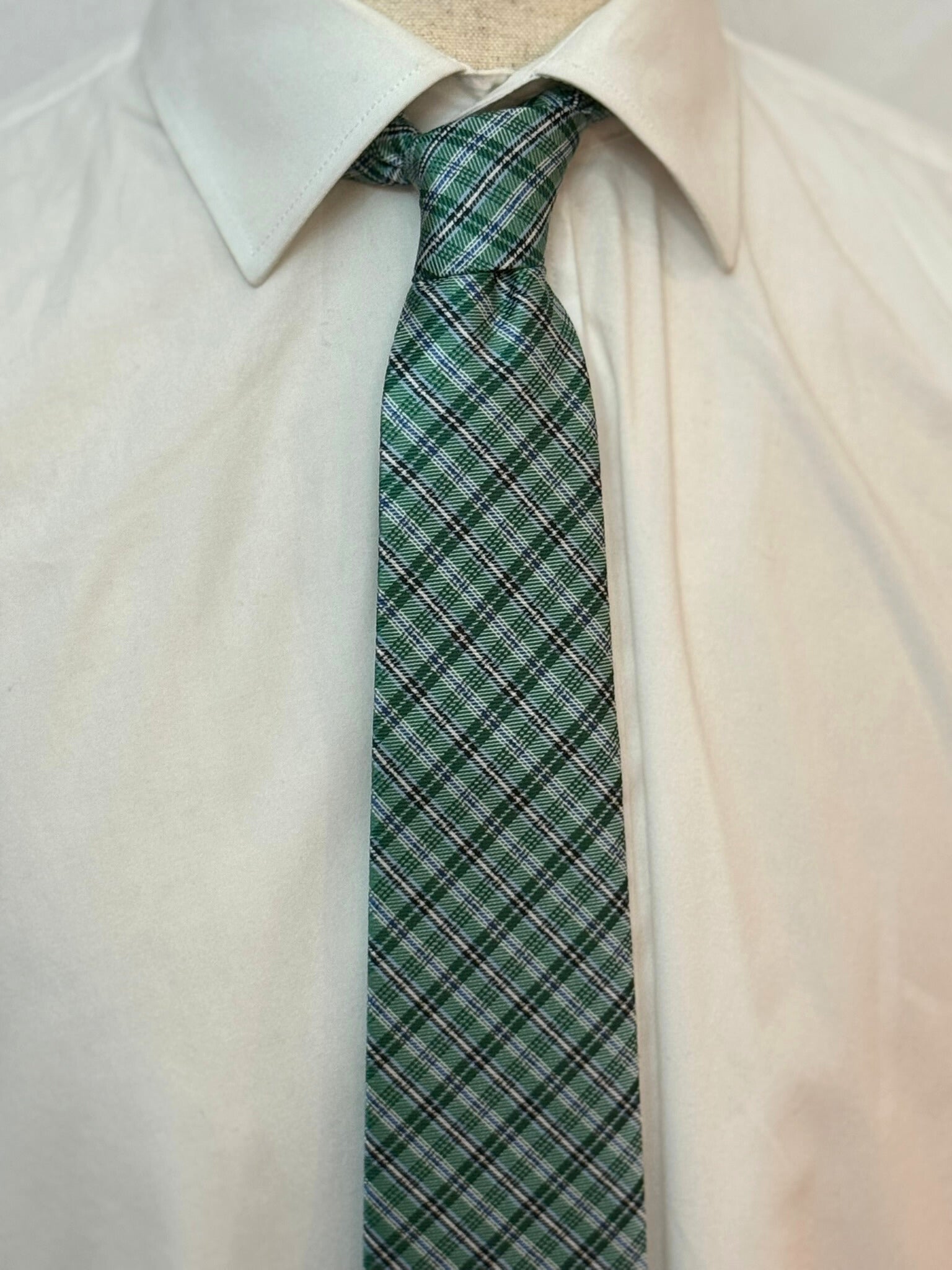 White, Black, Blue Multi Striped on Green Plaid Necktie