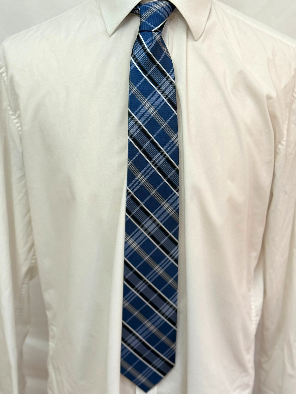 Black, White and Navy Checkered Plaid Necktie