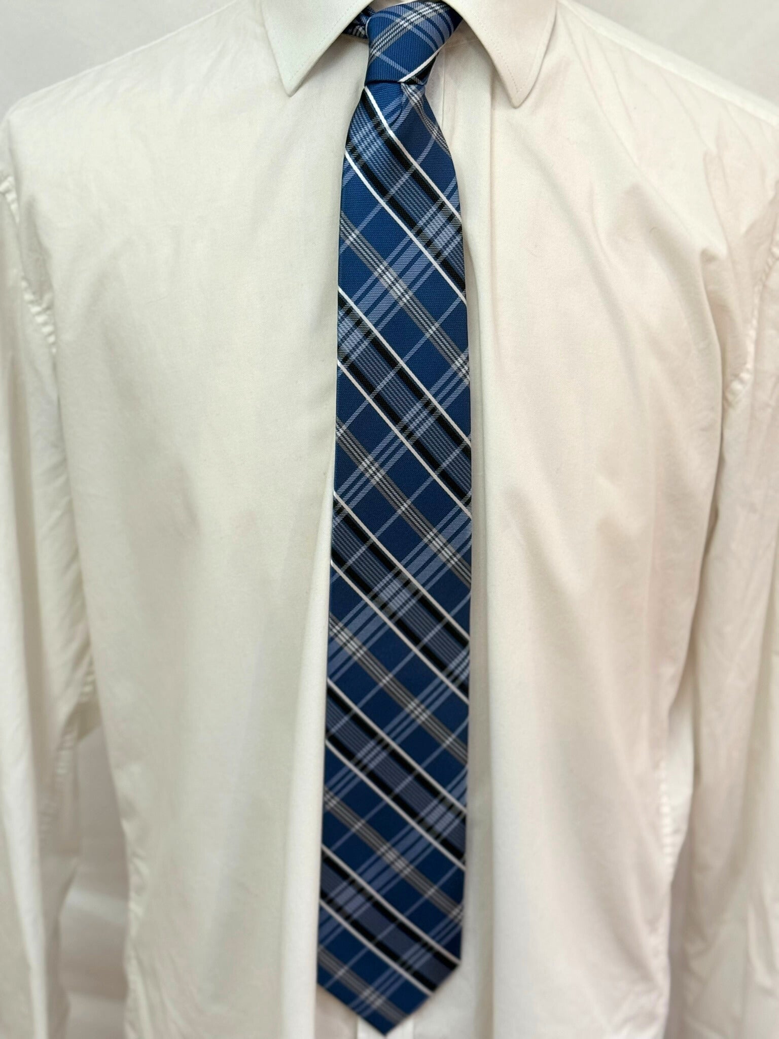 Black, White and Navy Checkered Plaid Necktie