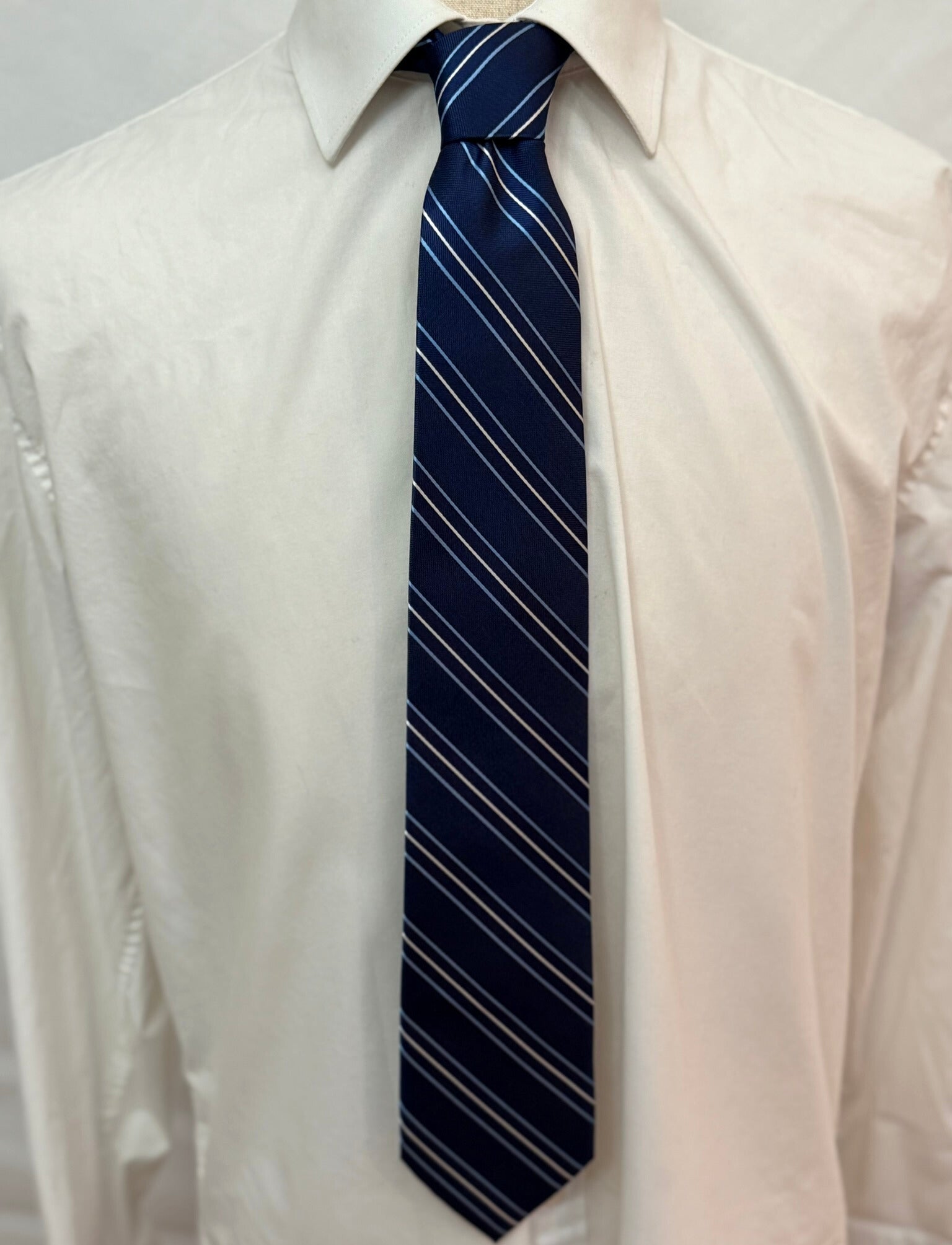 French Blue, White, and light Blue Stripes on Navy Necktie