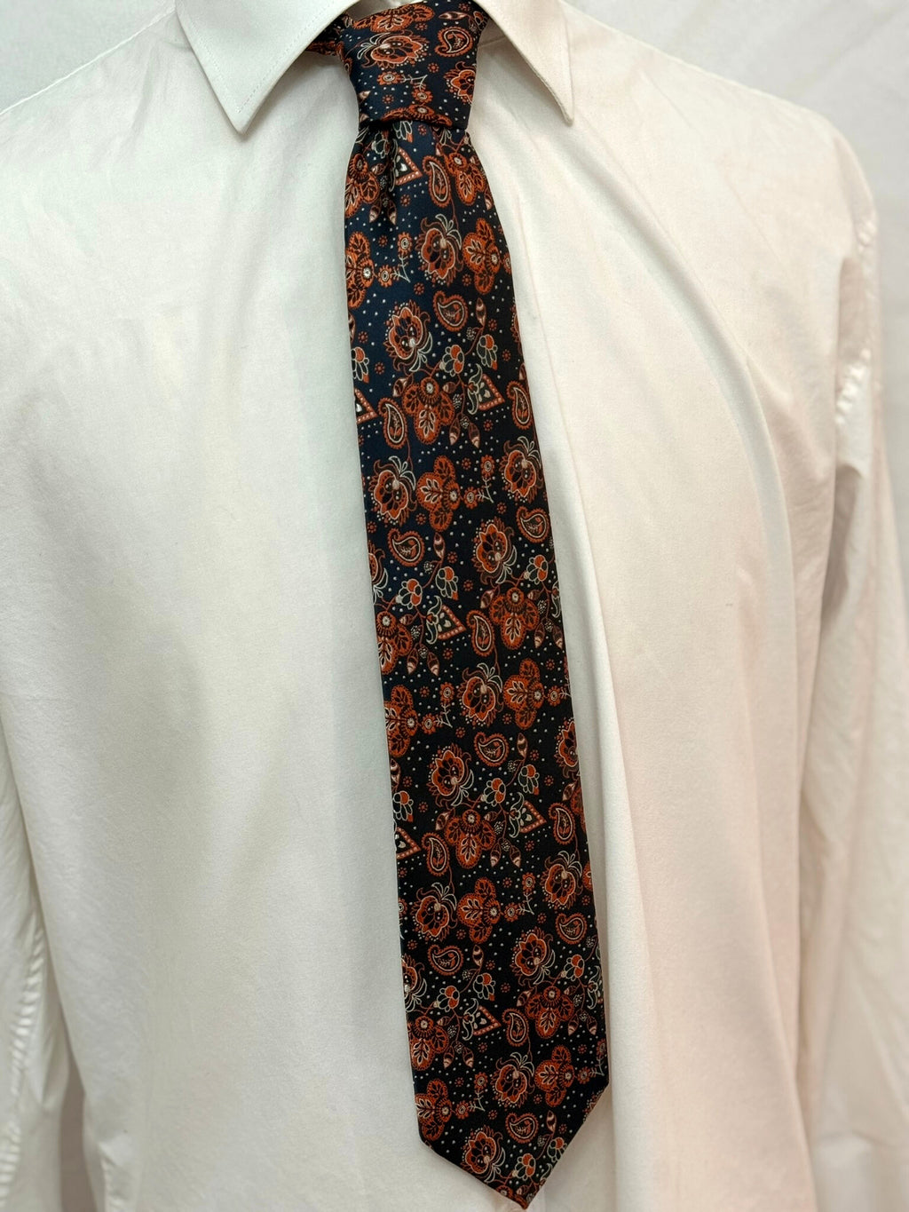 Burnt Orange and Black on Navy Paisley Necktie