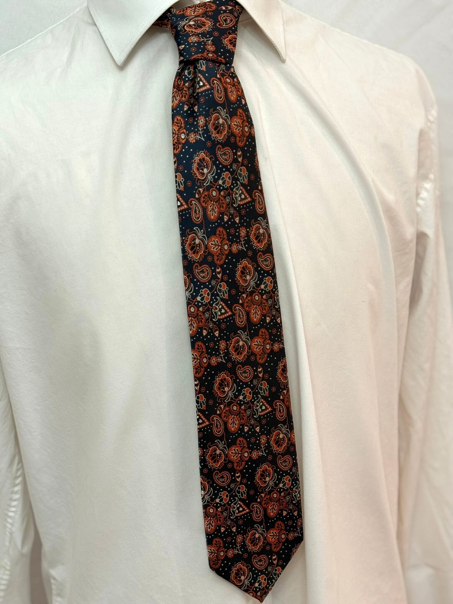 Burnt Orange and Black on Navy Paisley Necktie