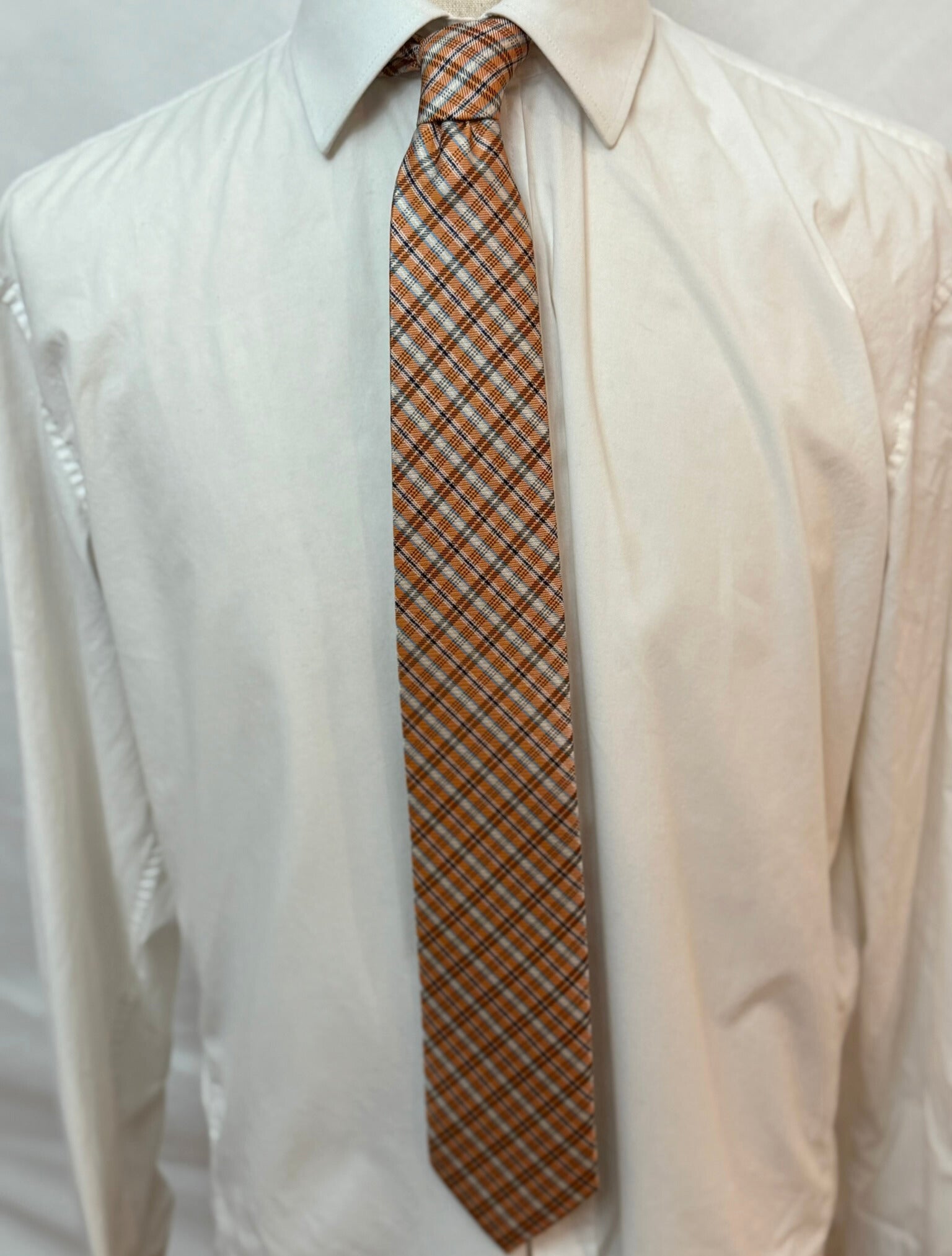 White, Powder Blue, and Navy on Orange Plaid Necktie