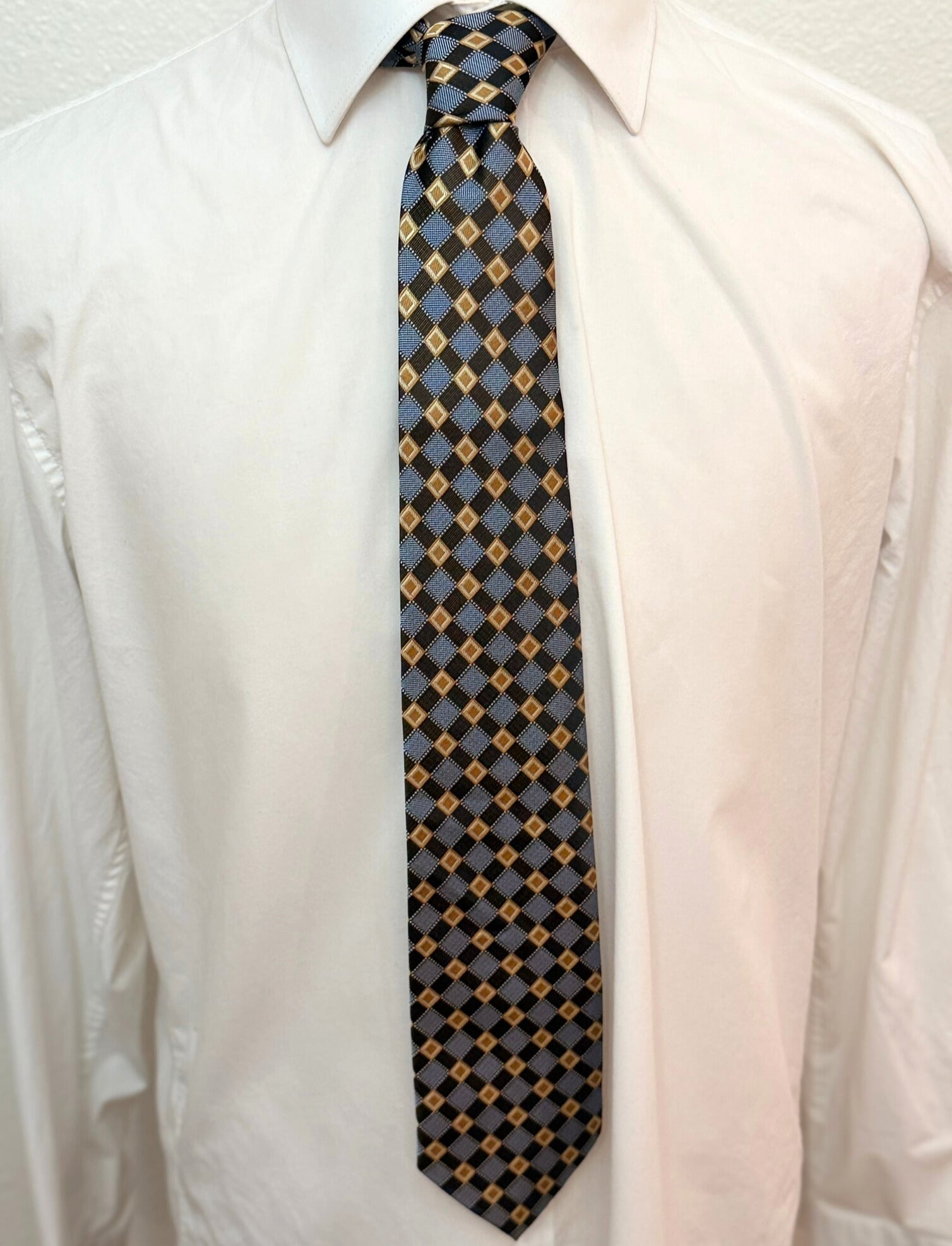 Honey Gold, Brown and Periwinkle Cross Check Necktie
