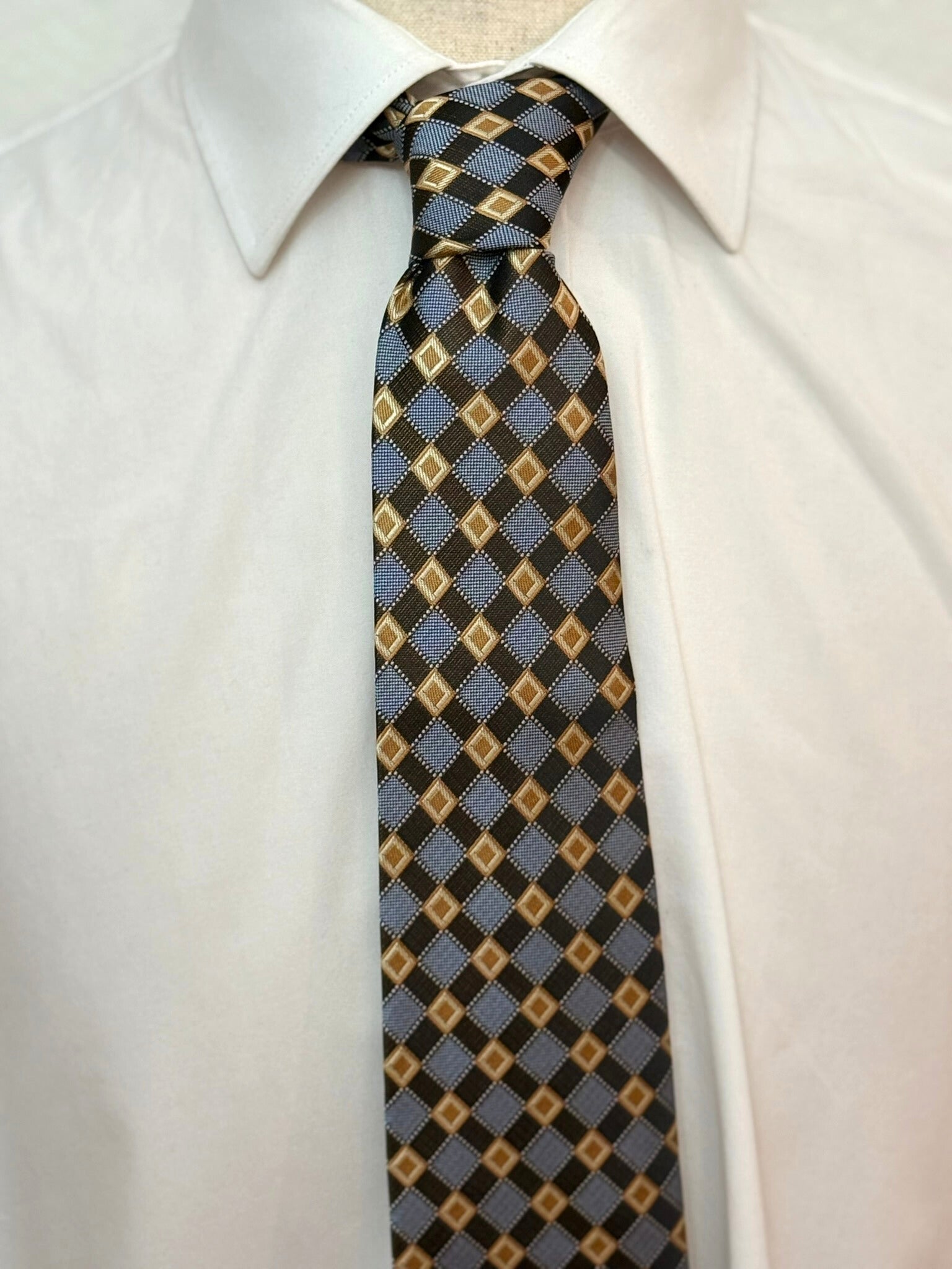 Honey Gold, Brown and Periwinkle Cross Check Necktie