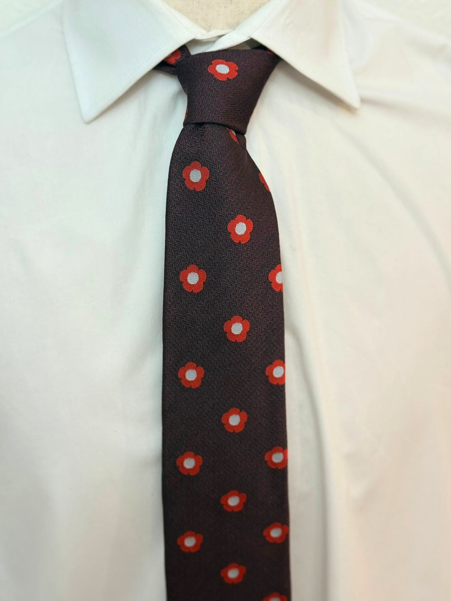 Red Flower Pattern on Burgundy Necktie
