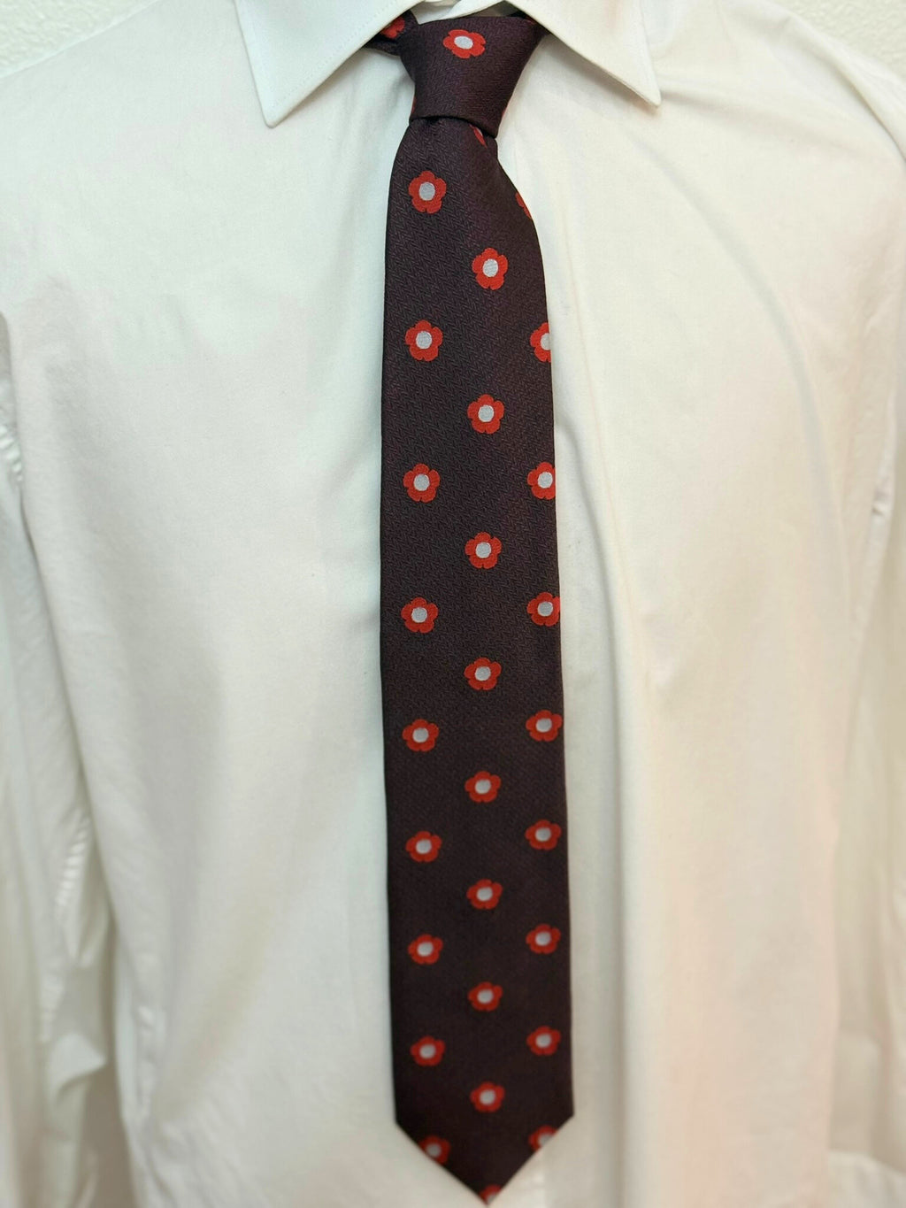 Red Flower Pattern on Burgundy Necktie