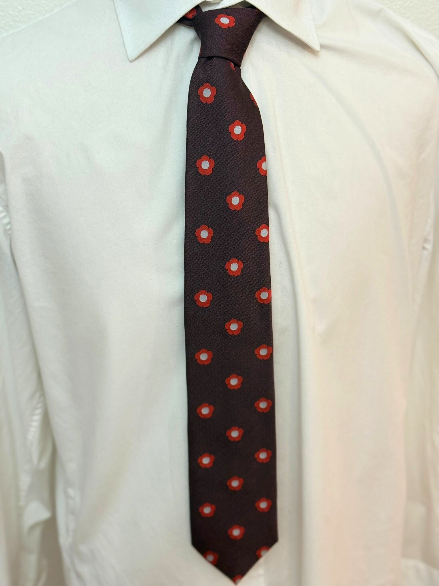 Red Flower Pattern on Burgundy Necktie