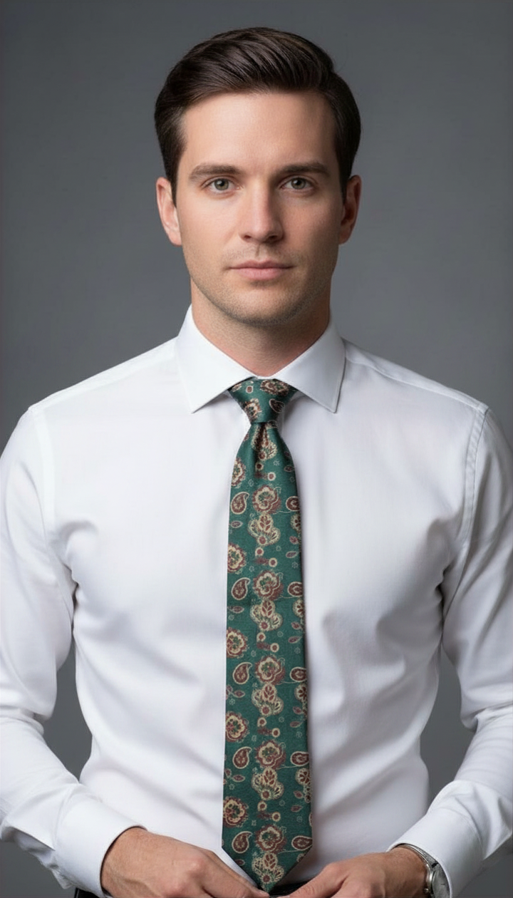Cream, Gold, and Burgundy on Deep Green Cherry Blossom Paisley Necktie